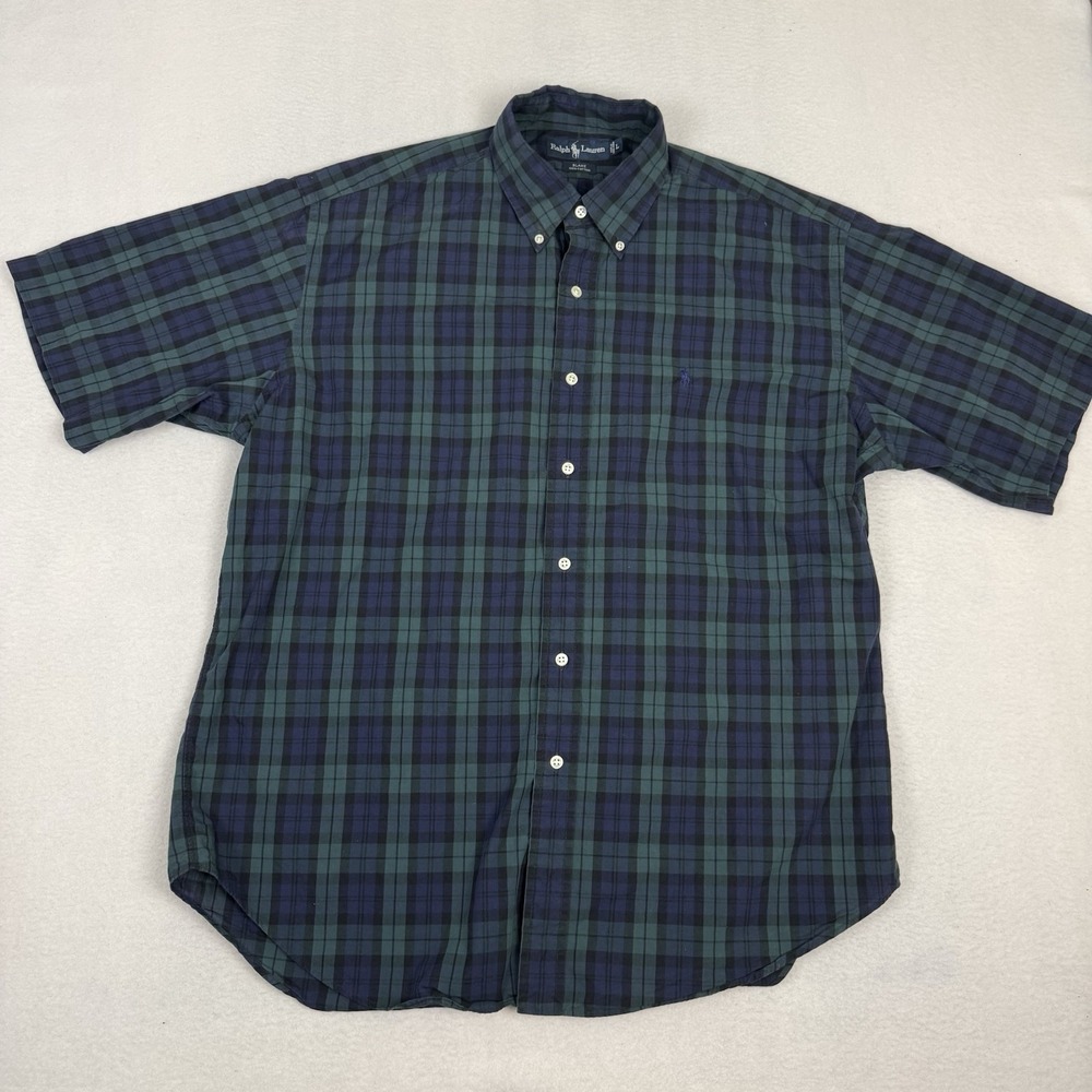 Vintage 90s Polo Ralph Lauren Blake Shirt Men L Plaid SS Made in Hong Kong Green